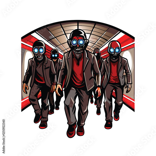 Five decaying zombies, glowing blue eyes, tattered suits, desolate urban setting; cinematic horror style.