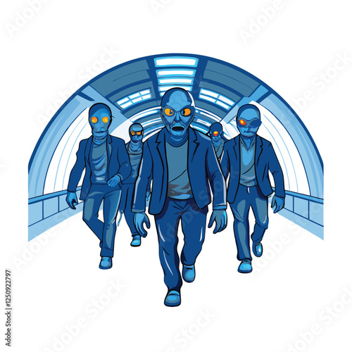 Create a digital painting of decaying zombies, their suits tattered, with intensely glowing blue eyes, wandering in a desolate urban wasteland.