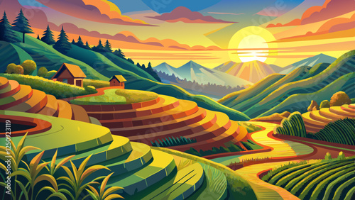 Harvest season in Mu Cang Chai rice terraces, northern Vietnam, South East Asia under the sunset. Use for wallpaper