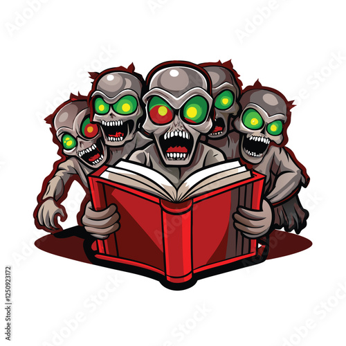 Create a chilling image of two zombies, tattered clothing revealing decaying flesh, intensely glowing green eyes, in a dimly lit, post-apocalyptic setting.