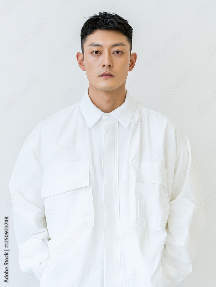 Fashion forward portrait of a young male model studio setting photography minimalist environment direct view modern aesthetic Fashion forward portrait of a young male model studio setting photography minimalist environment direct view modern aesthetic