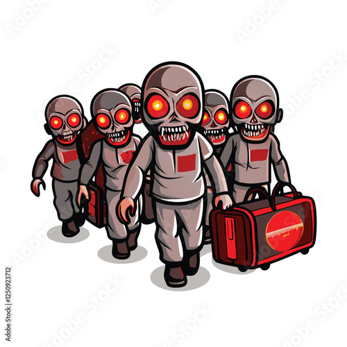 A horrifying depiction of several zombies, their red eyes glowing intensely, wearing tattered military uniforms, amidst a post-apocalyptic scene.