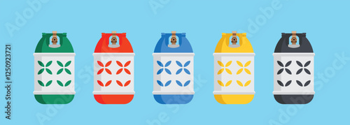 gas cylinder tanks in various colors, propane and butane lpg bottle containers, oxygen gas cylinder
