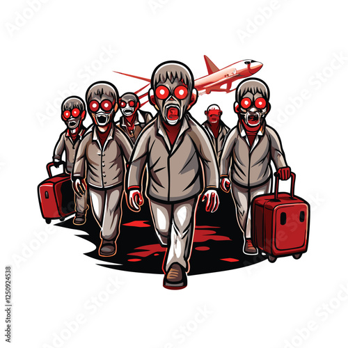 Four decaying zombies, glowing red eyes, tattered military uniforms, night scene, horror, apocalyptic setting.