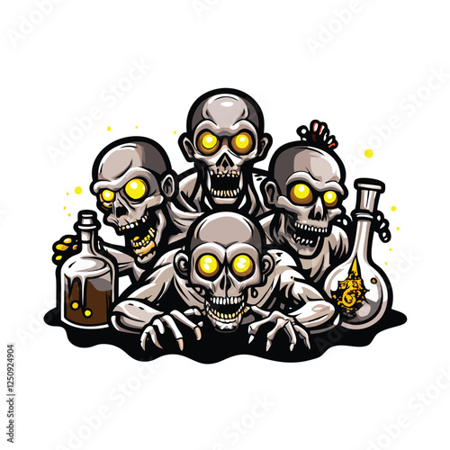 Horrifically detailed image of decaying zombies, exposed bones, skeletal features, and intensely glowing yellow eyes.
