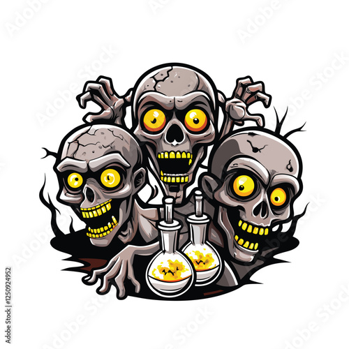 Render a terrifying image of decaying zombies, their skeletal structures partially exposed,  featuring intensely glowing yellow eyes in the darkness.