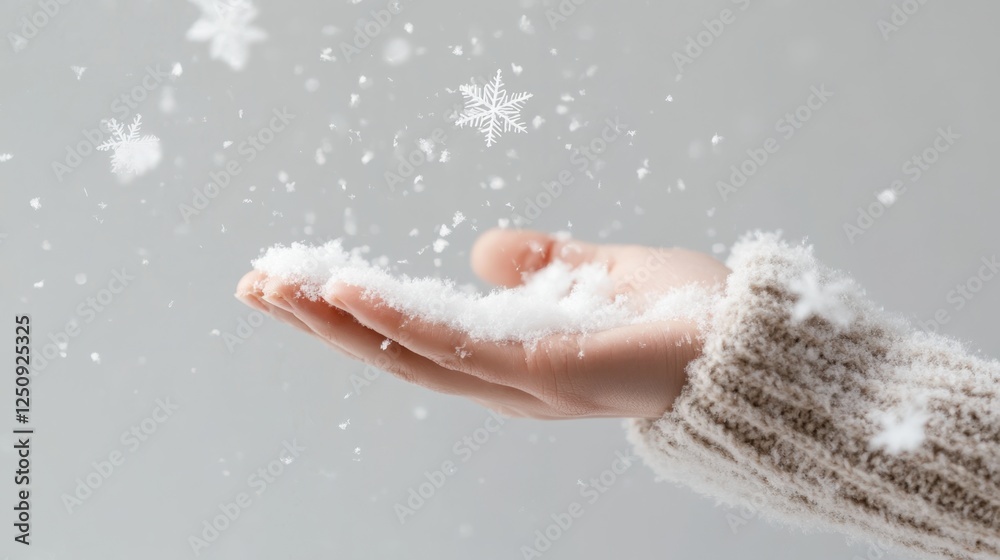 Fototapeta premium Person holding a snowflake in delicate hand during winter snowfall against blurred background