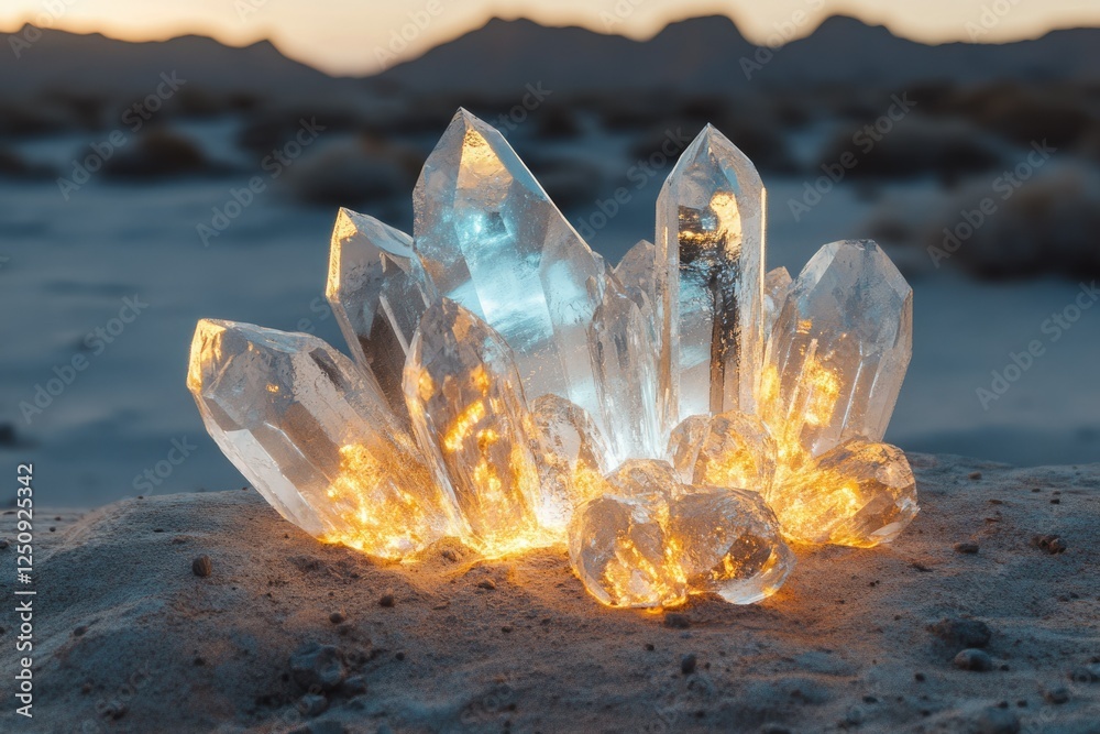 Obraz premium Luminous quartz crystals glow warmly in the desert at sunset, a mesmerizing sight.