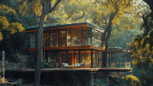 Modern glass house, forest setting, sunrise, tranquility, architectural design photo