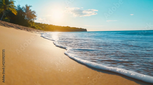 A dreamlike beachscape with gentle ocean waves, sunlit ripples, and velvety soft sand, creating a flawless backdrop for summer-inspired marketing campaigns. photo