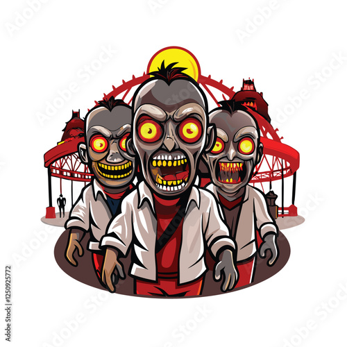Horrific close-up of decaying zombies, glowing yellow eyes piercing the darkness, tattered clothing and exposed flesh.  Render in high detail.