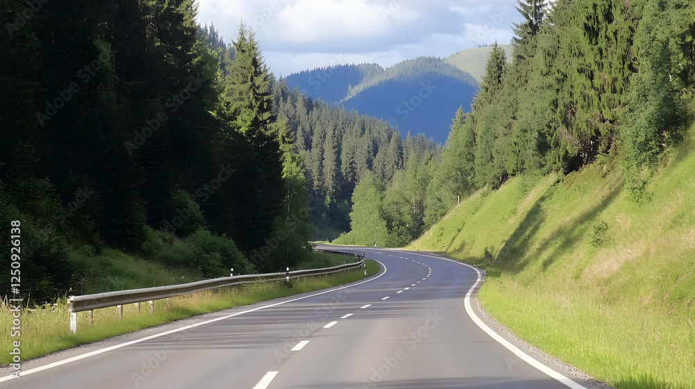 A winding road leading into the mountains. Forested slopes line the way. Use for travel, adventure, and natural beauty A winding road leading into the mountains. Forested slopes line the way. Use for travel, adventure, and natural beauty
