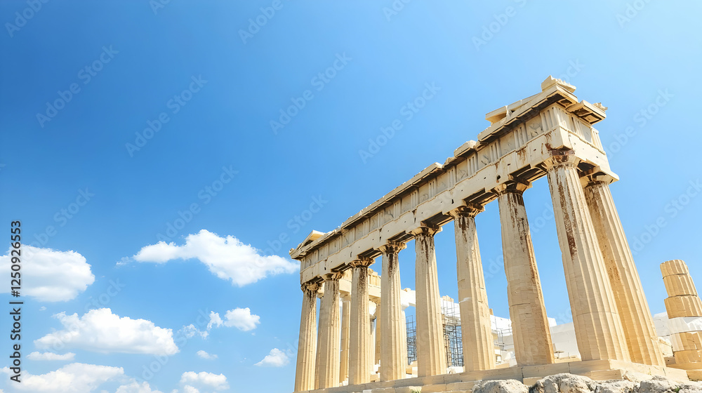 Ancient Greek temple ruins in Athens with a clear blue sky and fluffy clouds for heritage and cultural tourism or education Ancient Greek temple ruins in Athens with a clear blue sky and fluffy clouds for heritage and cultural tourism or education