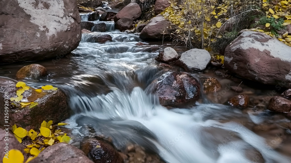 Autumn creek flows over rocks in a canyon. Serene nature scene for background, calm water Autumn creek flows over rocks in a canyon. Serene nature scene for background, calm water