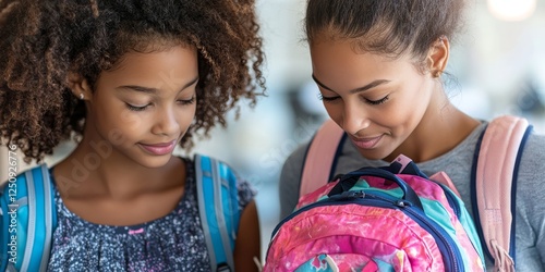 School Day Prep Loving Mom Adjusting Daughter s Backpack, Girl s Happy Smile, Back to School photo