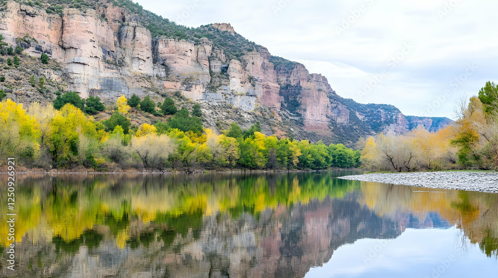 Autumn river landscape with tree reflections at canyon background for tourism, seasonal prints, and nature scenic beauty Autumn river landscape with tree reflections at canyon background for tourism, seasonal prints, and nature scenic beauty