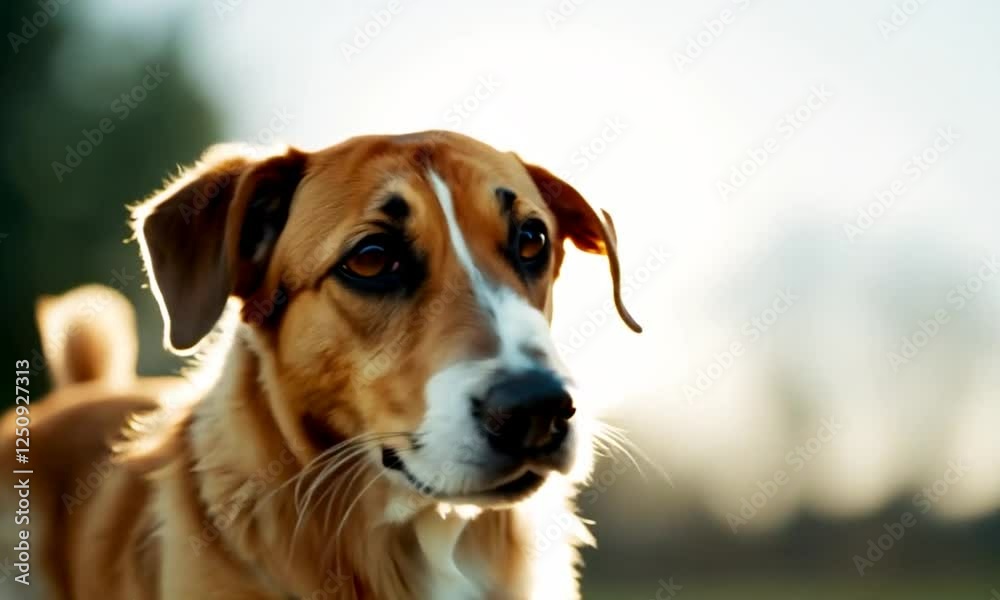 Close-up shot of a dog looking directly at the camera. The dog is a mix of brown and white, with big brown eyes. The sun is shining behind the dog, creating a soft, warm glow. Close-up shot of a dog looking directly at the camera. The dog is a mix of brown and white, with big brown eyes. The sun is shining behind the dog, creating a soft, warm glow.