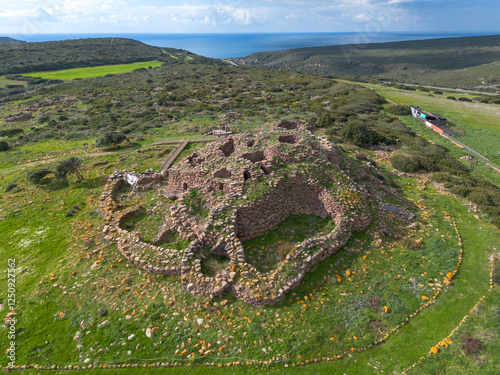 Nuraghe Seruci. Aerial drone view of the nuragic complex of Seruci, Gonnesa, Sardinia, Italy. Southern Sardinia