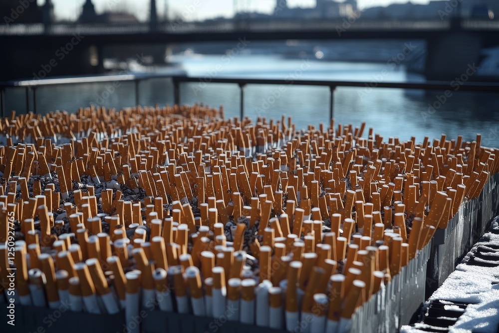 Fototapeta premium Cigarette Butts Littered Along Riverside in Urban Environment
