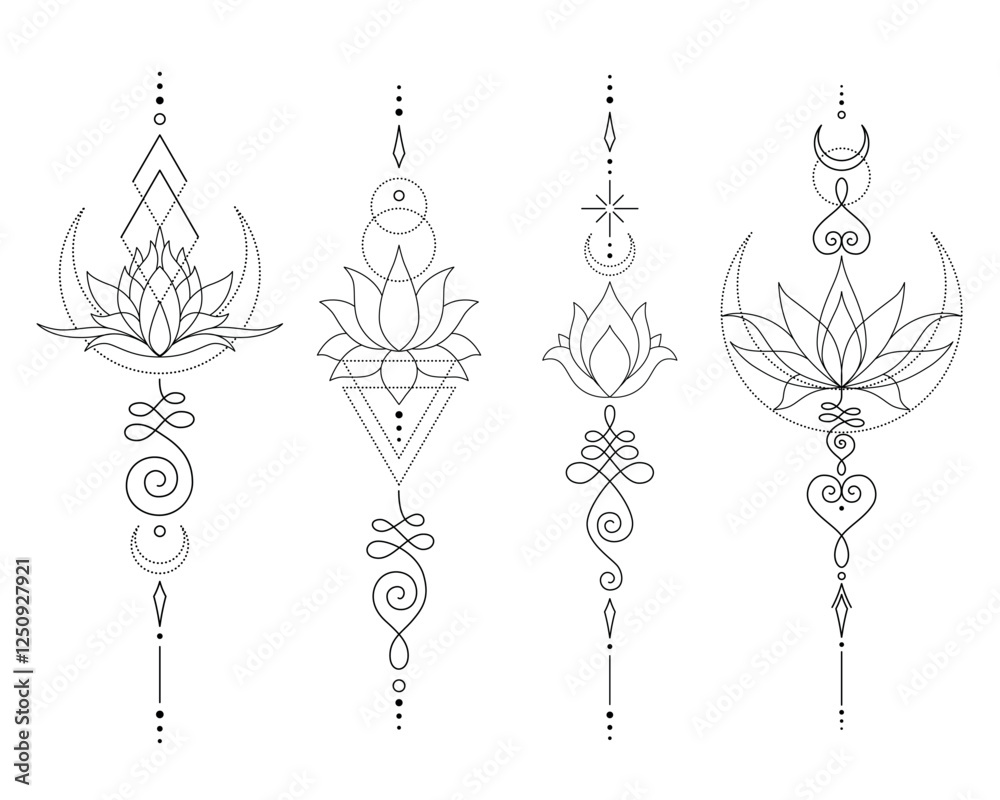 Set of Mystic Lotus Sacred Geometry Unalome Boho Tattoo Design Collection. Vector isolated buddhist line hand drawn symbol