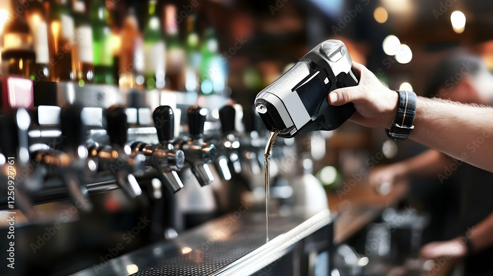 Naklejka premium Close up of a man pouring a beer at the bar with people socializing in the background, perfect for food industry concepts