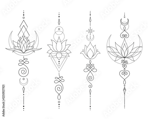 Set of Mystic Lotus Sacred Geometry Unalome Boho Tattoo Design Collection. Vector isolated buddhist line hand drawn symbol