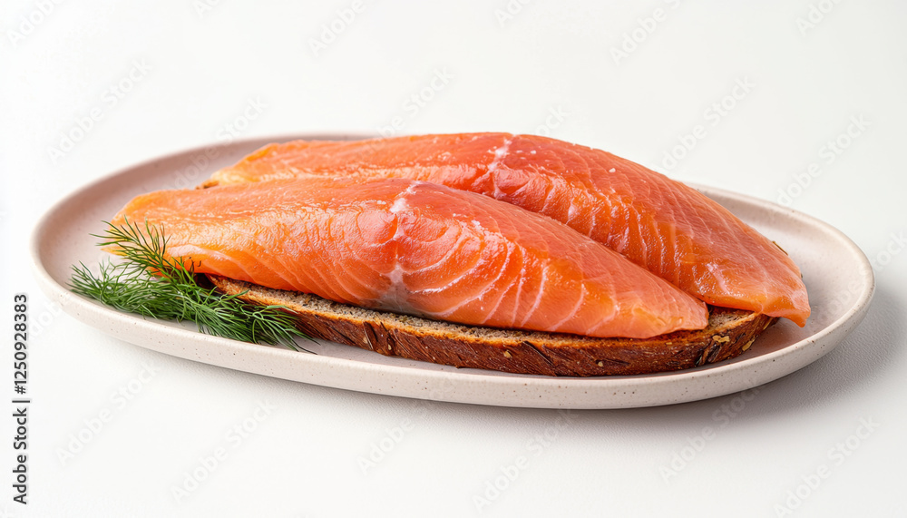 Flat lay food arrangement. Open sandwich with smoked salmon on platter garnished with dill Flat lay food arrangement. Open sandwich with smoked salmon on platter garnished with dill