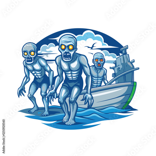Render a terrifying image of several zombies, characterized by pale gray skin and intensely glowing green eyes, set against a dark, decaying backdrop.