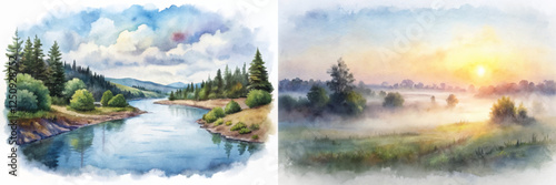 Serene river landscape, vibrant watercolor painting, lush green trees, soft sunrise glow, tranquil nature scene.