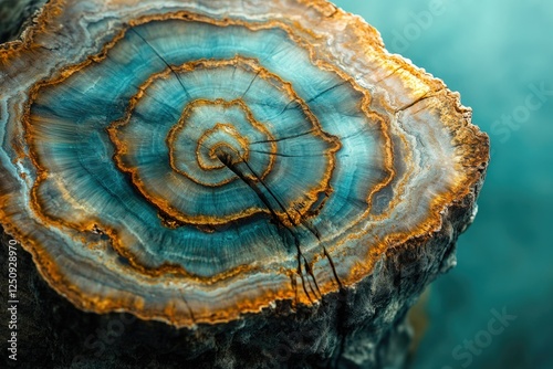 Petrified wood cross-section showcasing vibrant teal and gold hues, intricate concentric rings, and a cracked surface. photo