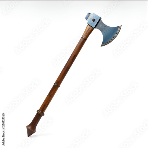 Medieval poleaxe with a blue blade and wooden shaft standing upright on white background photo