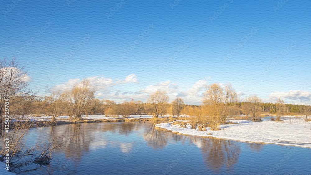 Serene winter landscape with a calm body of water and trees in the background Serene winter landscape with a calm body of water and trees in the background