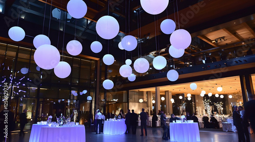 Evening event at a hall with spherical lights, tables, and a group of people socializing, ideal for corporate gatherings and celebrations