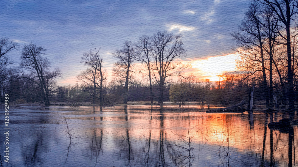 Serene lake with trees in the background and a beautiful sunset Serene lake with trees in the background and a beautiful sunset