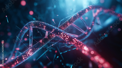 A high-tech visualization of a double helix DNA structure, with medical holograms and data interfaces, symbolizing genomic innovation.