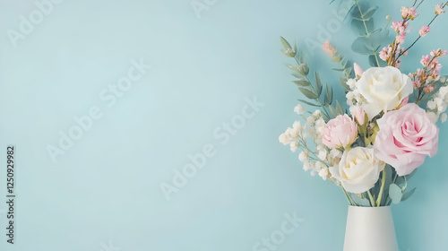 Floral arrangement in vase on blue backdrop. Greeting card, invitation, celebration, anniversary, Mothers day with copy space for message