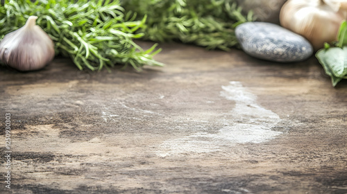 Fresh herbs, garlic, onion, and rock on wooden table, cooking backdrop.  Food and drink preparation, blank space for culinary concepts