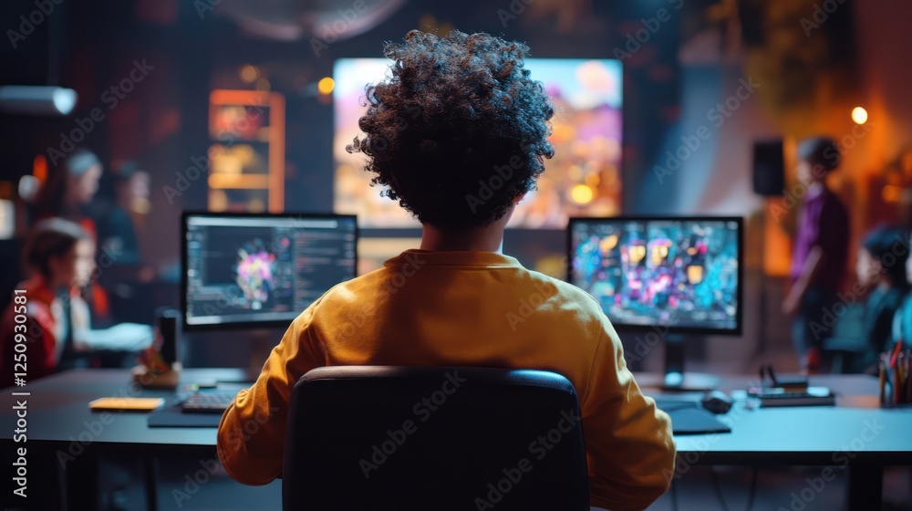 Fototapeta premium Back view of a game developer working on a computer in a busy studio.