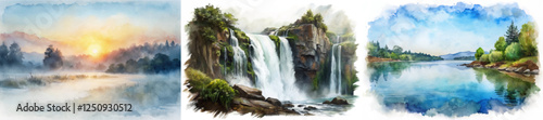 Serene landscape watercolor, tranquil sunrise scene, cascading waterfall view, peaceful lake reflection, nature's beauty captured.