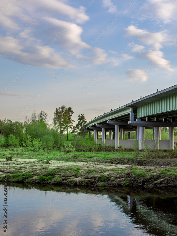 Fototapeta premium Bridge spans a river with a green forest on either side