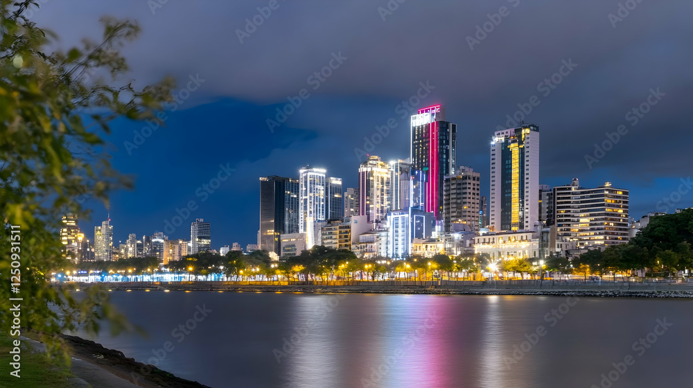 Obraz premium Illuminated cityscape at twilight. Night scene, colorful reflections on water for tourism, travel, architecture, or cityscape backgrounds