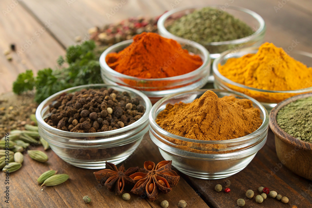 A collection of colorful Ayurvedic spices A collection of colorful Ayurvedic spices
