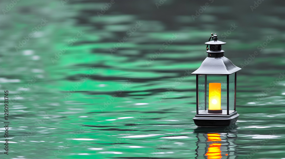 Naklejka premium Lantern floating in water. Relaxation background with soft light reflecting on rippling water. Serene theme