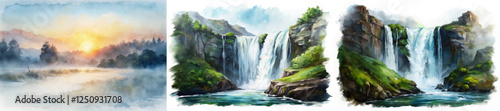 Serene landscape watercolor, vibrant sunset hues, cascading waterfalls, lush greenery, tranquil nature scene, artistic representation.
