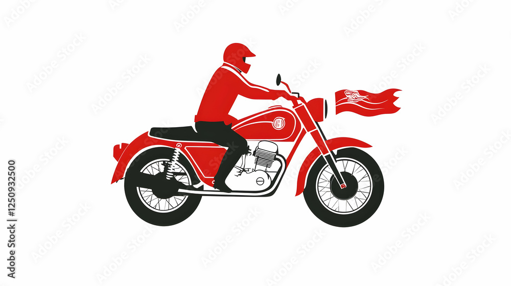 Motorcyclist speeds by on a red bike, trailing a flag. Represents freedom, adventure, and fast transport. Great for travel blogs, posters Motorcyclist speeds by on a red bike, trailing a flag. Represents freedom, adventure, and fast transport. Great for travel blogs, posters