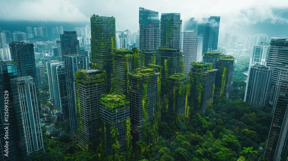 Obraz premium Overgrown skyscrapers, urban jungle, aerial view, city reclamation, environmental concept