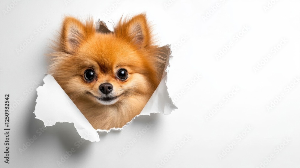 Pomeranian peeking through a torn wall. Pomeranian peeking through a torn wall.
