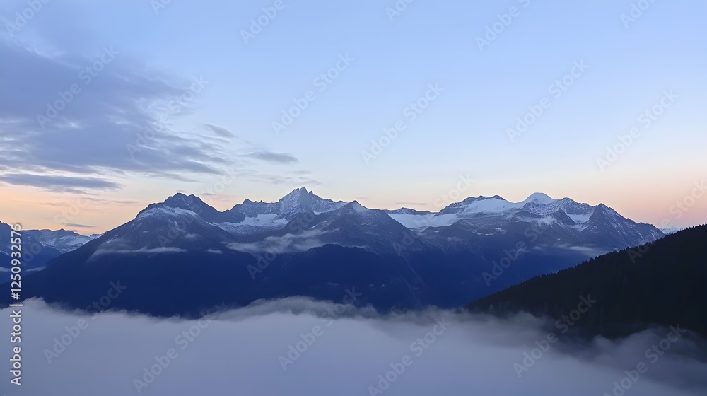 Mountains covered in snow peek out over the foggy valley at dawn. Use it for a travel magazine or tourism website Mountains covered in snow peek out over the foggy valley at dawn. Use it for a travel magazine or tourism website