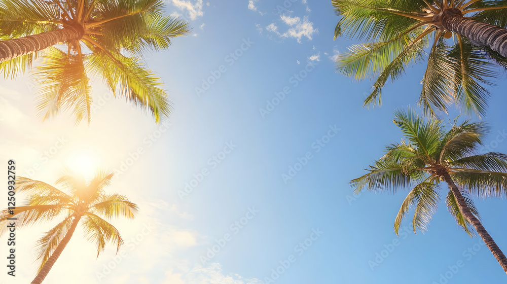 Fototapeta premium Palm trees reaching sky in sunny tropic place, showcasing relaxation destination, for travel blog