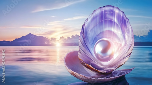 Pearl inside oyster, sunset over sea, shimmering treasure, nature's beauty, commercial use for luxury goods, beauty product or wellness promotion